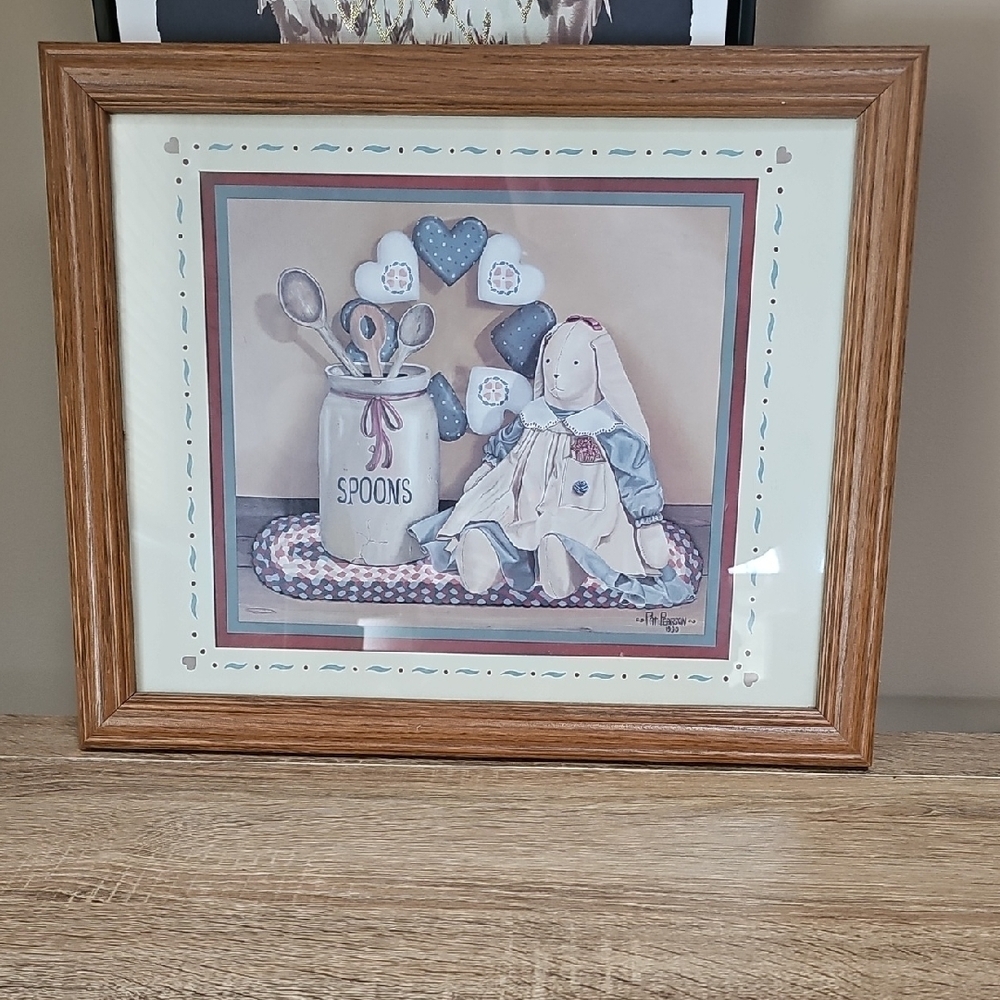 Pat Peterson 1990 Framed Country Kitchen Art with Rabbit And Spoons
